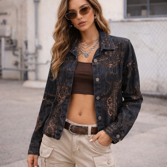 Vintage Chico's Embroidered Denim Jacket M Copper Beaded Y2K Boho Western - Picture 2 of 11